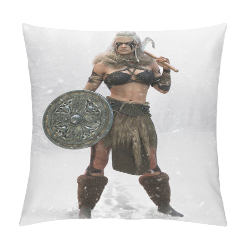 Personality  Portrait Of A Fierce Viking Woman Standing Ready For Battle With An Axe And Shield And A Snowing Forest Landscape Background. 3d Rendering Pillow Covers