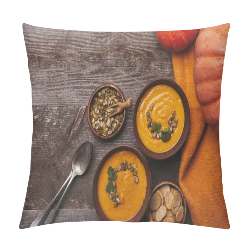 Personality  Top View Of Bowls With Pumpkin Soup, Rusks, Spoons, Pumpkin Seeds And Fresh Pumpkins On Wooden Table Pillow Covers