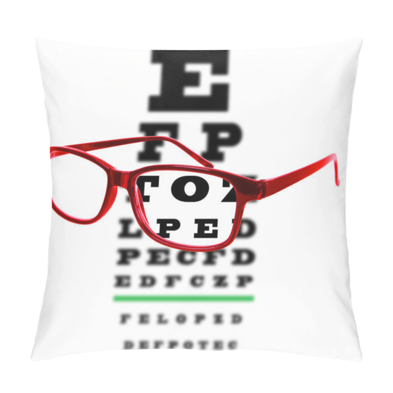 Personality  Eye Vision Test Chart Seen Through Eye Glasses, White Background Isolated. Pillow Covers