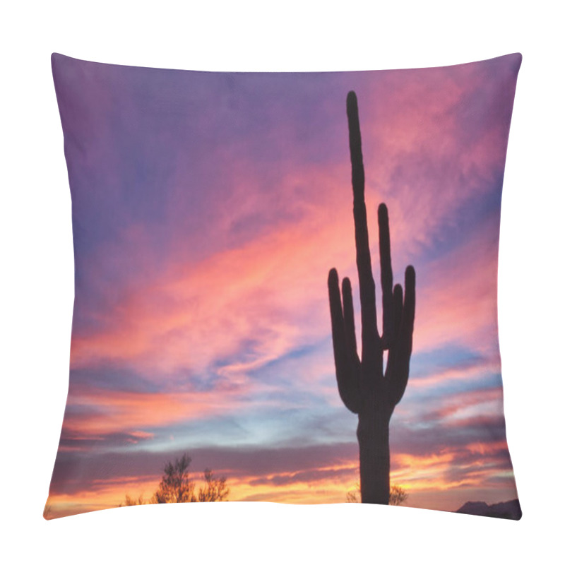 Personality  A Brilliant Sunset With A Saguaro Cactus Silhouetted In The Foreground. Pillow Covers