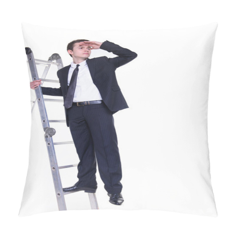 Personality  Young Businessman On A Ladder Searching For Possibilities Pillow Covers