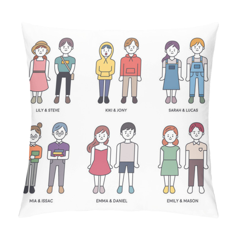 Personality  Cute Couple Look Character Set  In Outline Style. Flat Design Style Minimal Vector Illustration. Pillow Covers