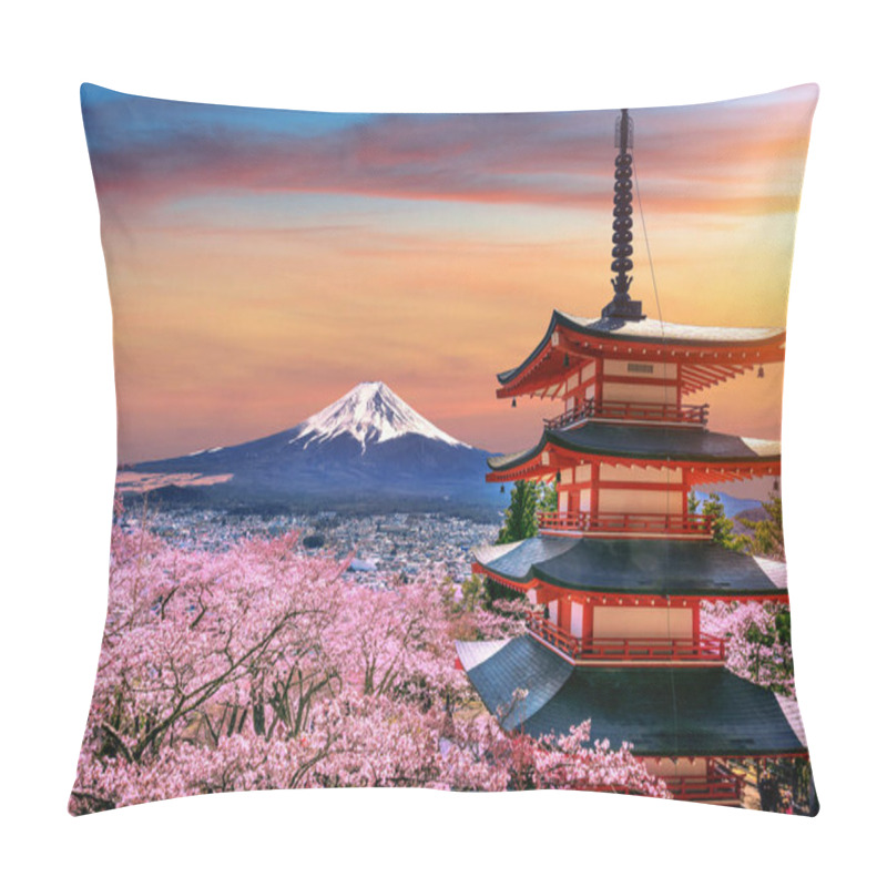 Personality  Cherry Blossoms In Spring, Chureito Pagoda And Fuji Mountain At Sunset In Japan. Pillow Covers