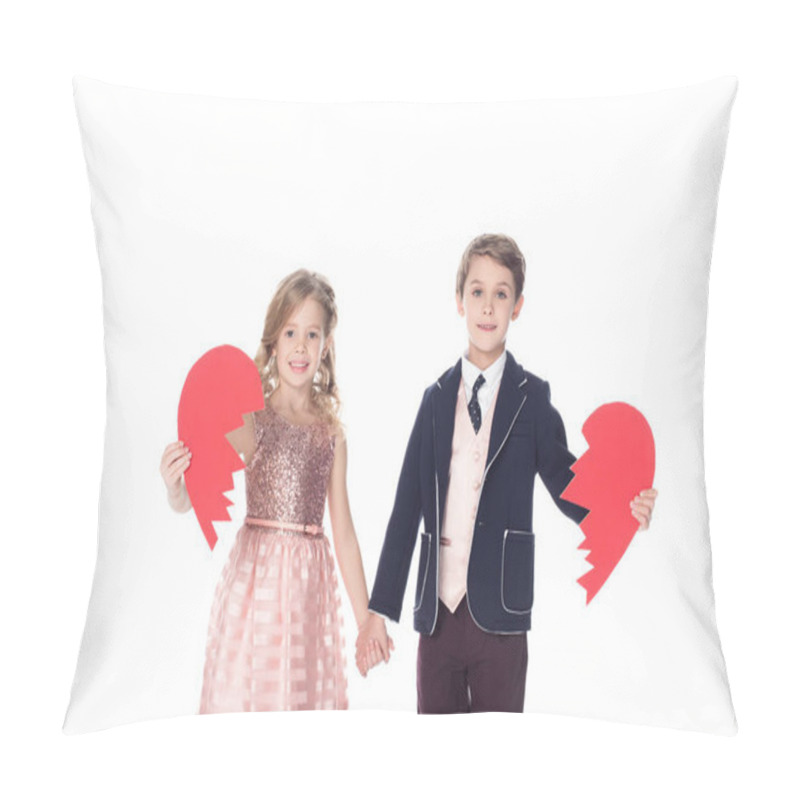 Personality  Cute Little Kids Holding Pieces Of Broken Heart Symbol And Smiling At Camera Isolated On White Pillow Covers