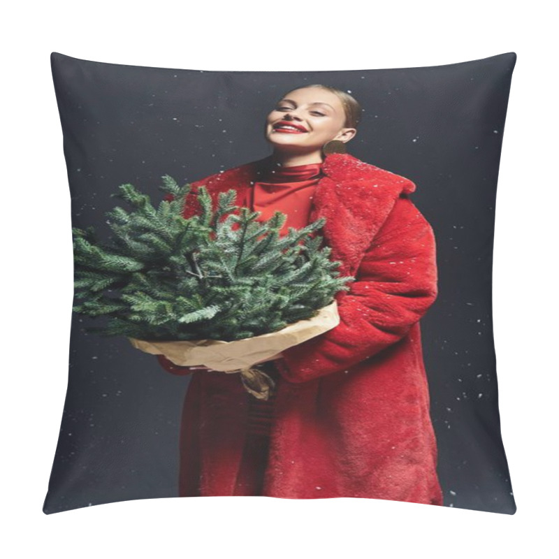 Personality  The Woman Radiates Joy As She Embraces A Lush Winter Tree, Dressed In Warm Red Attire. Pillow Covers