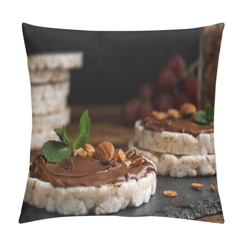 Personality  Puffed Rice Cakes With Chocolate Spread, Nuts And Mint On Slate Board, Closeup Pillow Covers