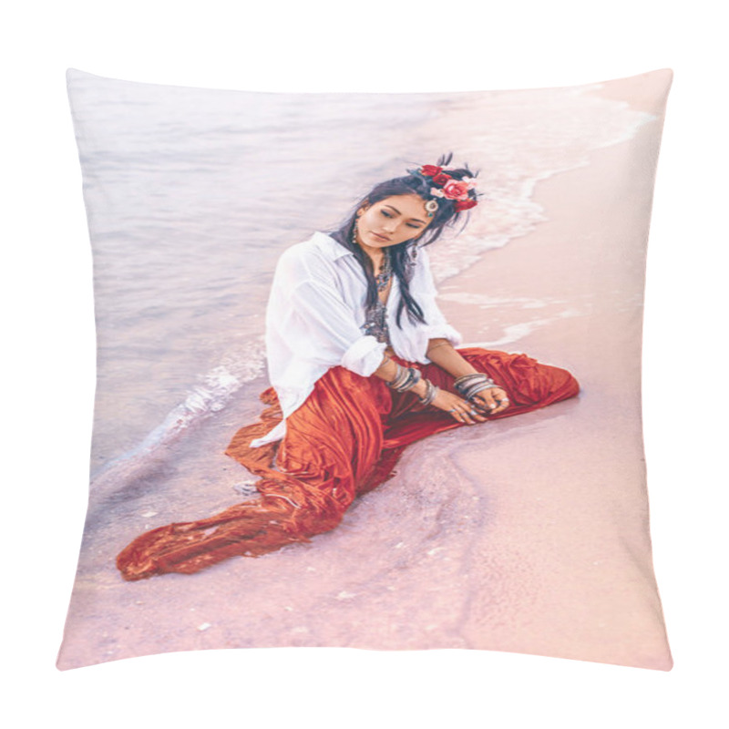 Personality  Beautiful Young Stylish Boho Woman On The Beach At Sunset Pillow Covers