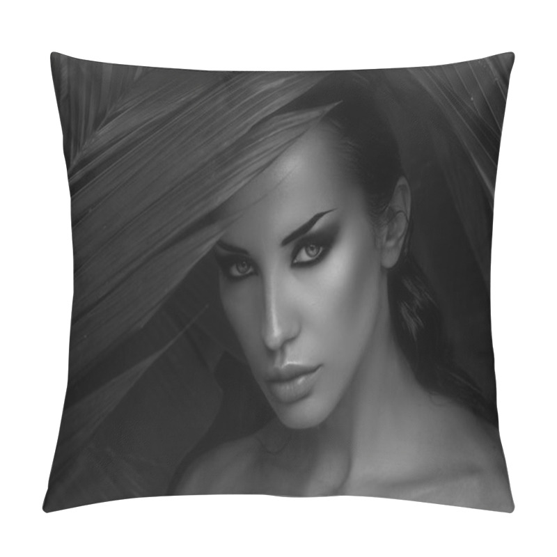 Personality  Sexy Beautiful Woman Hiding Behind The Palm Leaves. Beautiful St Pillow Covers