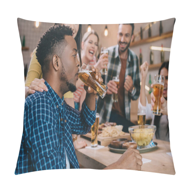 Personality  Selective Focus Of Young African American Man Drinking Light Beer While Spending Time In Pub Together With Cheerful Multicultural Friends Pillow Covers