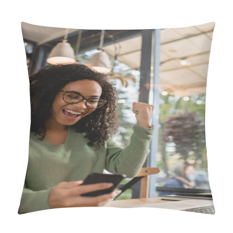 Personality  Excited African American Woman In Glasses Looking At Smartphone On Blurred Foreground  Pillow Covers