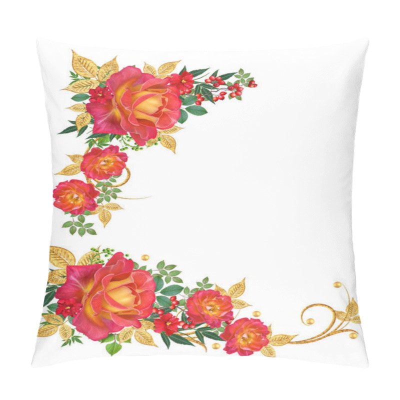 Personality  Decorative Corner Vignette. Golden Curl, Glittering Leaves, Flower Rinds, Red Roses. Isolated On White Background. Pillow Covers