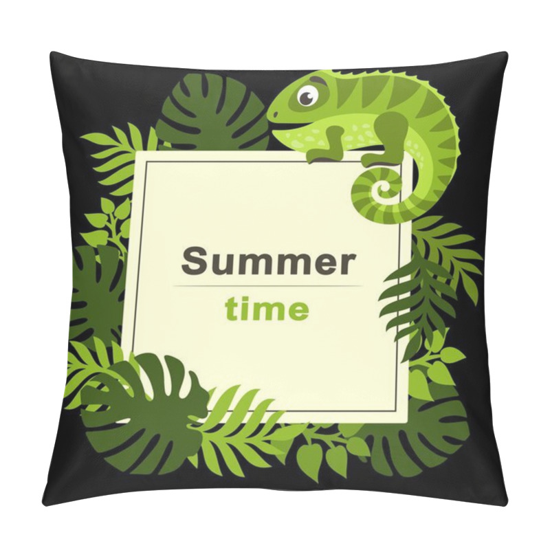 Personality  Summer Tropical Background With Palm Leaves And Cartoon Cute Iguana. Square Frame. Place For Text. Theme Of Plants. Vector Floral Background. Pillow Covers