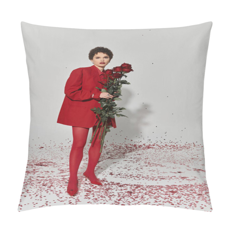 Personality  A Young Woman Stands Confidently In A Vibrant Red Outfit, Surrounded By Rose Petals. Pillow Covers