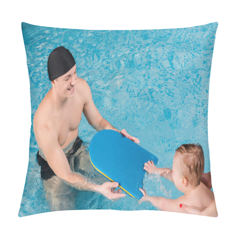 Personality  Overhead View Of Mother Touching Cute Toddler Boy Swimming Near Swim Instructor  Pillow Covers