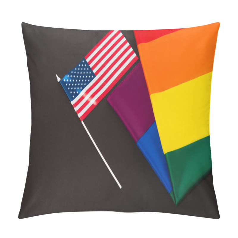 Personality  High Angle View Of American And Lgbt Flags Isolated On Black, Equality Rights Concept  Pillow Covers