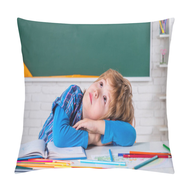 Personality  Learning And Education Concept. Children Learning. Child Tutoring. Home Study. Portrait Of Pupil In Classroom. Pillow Covers