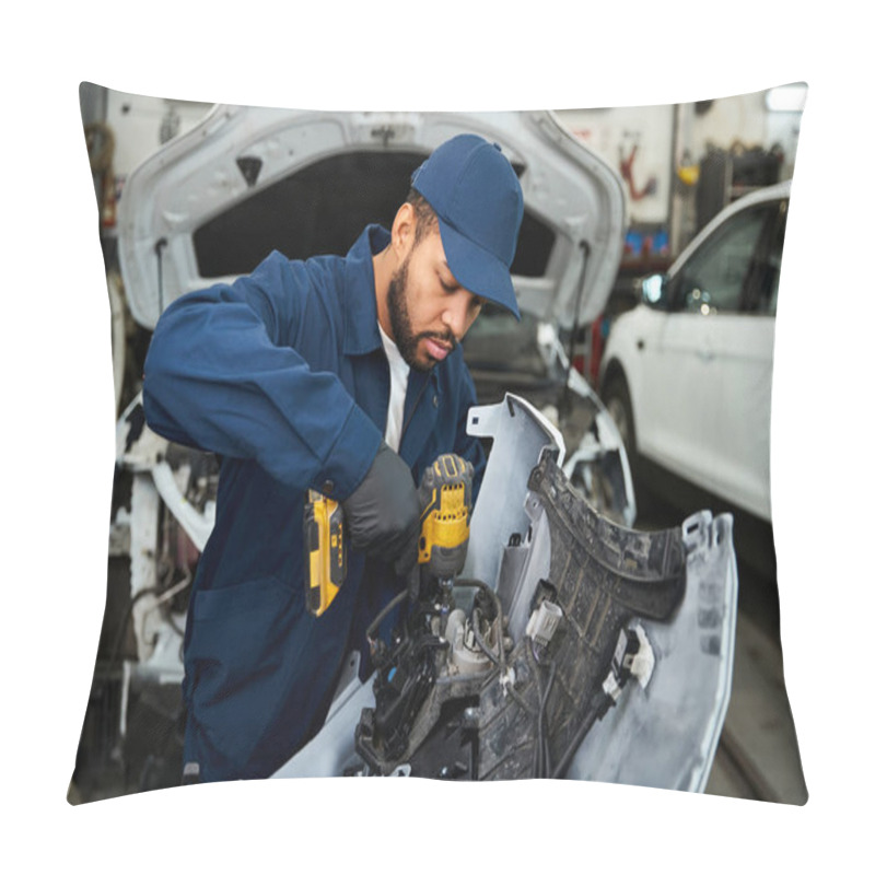 Personality  A Handsome Young Mechanic Focuses On Fixing A Vehicle In A Busy Automotive Garage. Pillow Covers