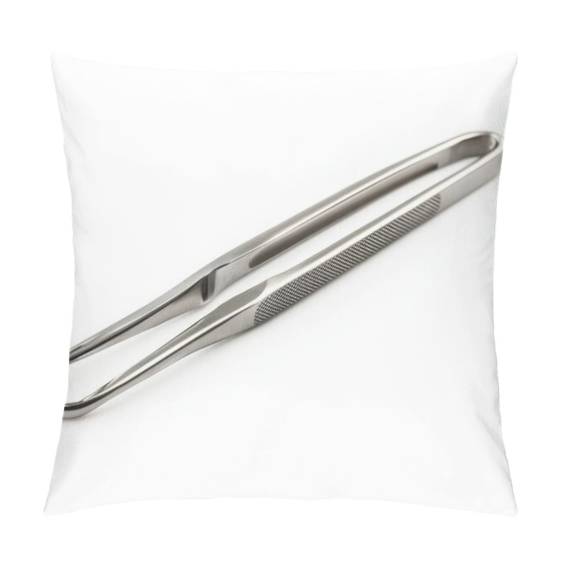 Personality  A Sleek Stainless Steel Medical Tweezers On A White Background, Showcasing Its Precision And Ergonomic Design. Pillow Covers