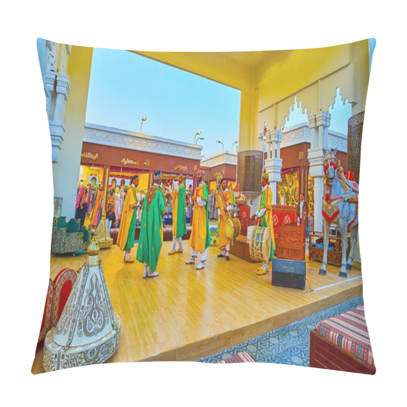 Personality  DUBAI, UAE - MARCH 5, 2020: Morocco Pavilion Of Global Village Dubai Entertains Visitors With Authentic Gnawa Music Show, On March 5 In Dubai Pillow Covers