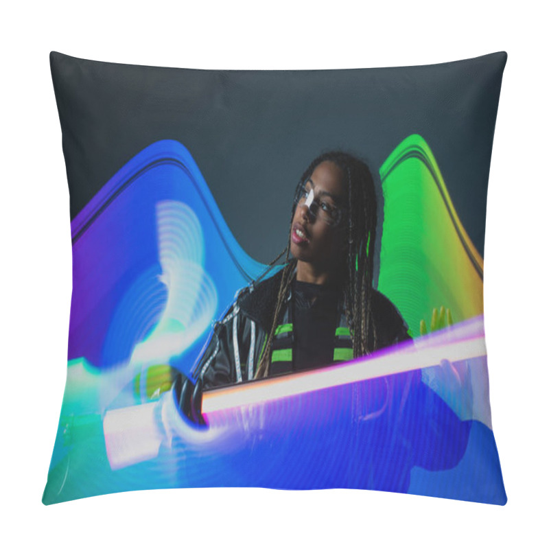 Personality  Stylish African American Woman In Smart Glasses Posing With Neon Stick On Grey Background  Pillow Covers