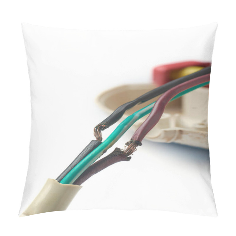 Personality  Damaged Electric Wire Cord Isolated White Background,broken Power Cable Exposed Wiring Poses Serious Dangers,fire Hazard And Short Circuit, Selective Focus And Copy Space Pillow Covers