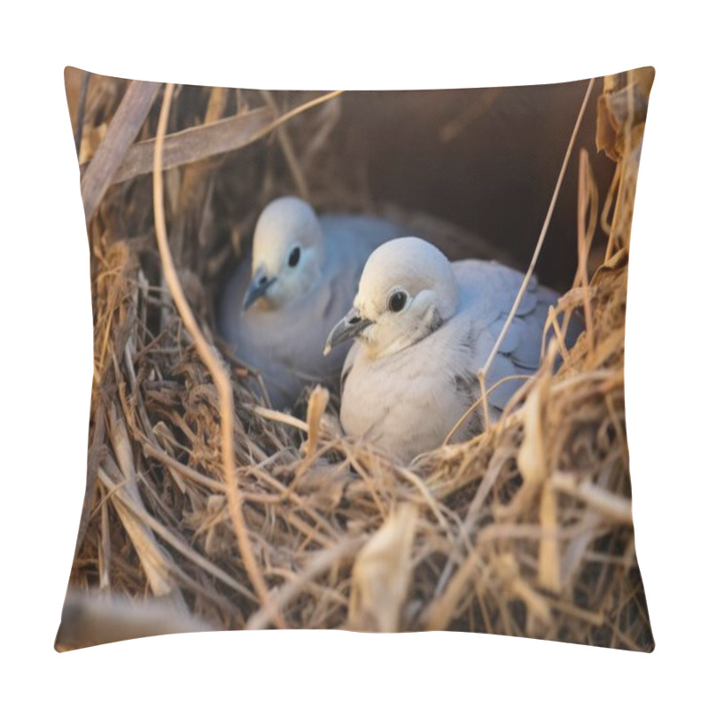 Personality  Two Young Dove Chicks Nestled Comfortably In Their Straw Nest, Showcasing A Tender Moment In Nature. Pillow Covers