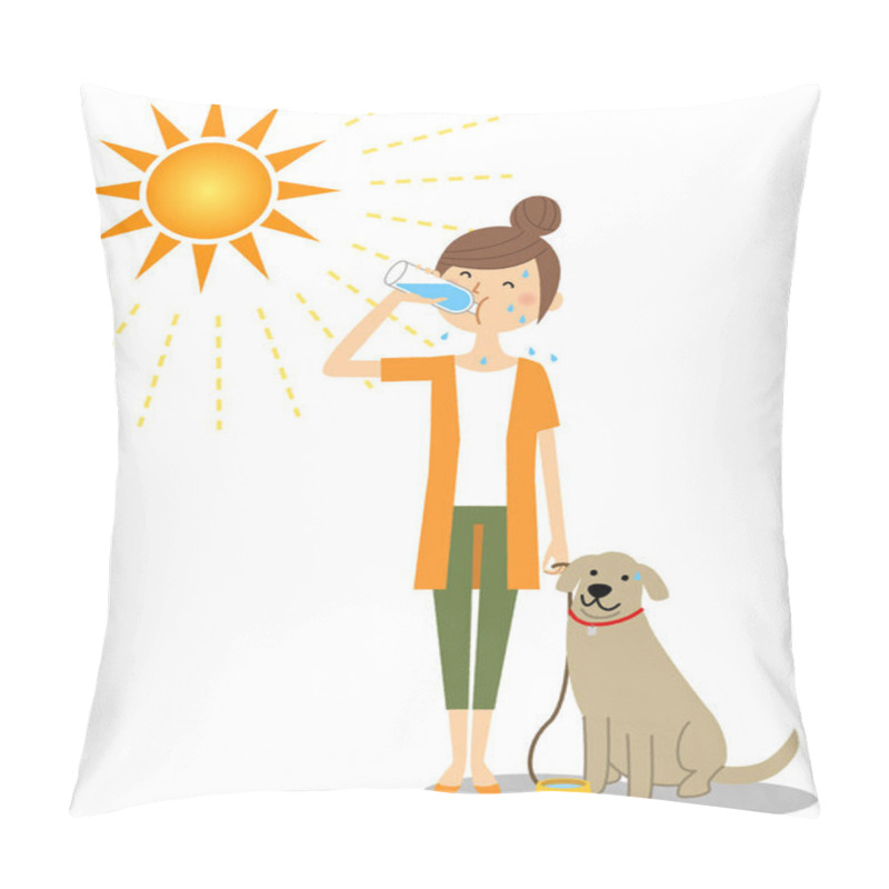 Personality  Young Woman Walking With Dogs While Hydrating/It Is An Illustration Of An Young Woman Who Takes A Walk Of A Dog While Rehydrating. Pillow Covers