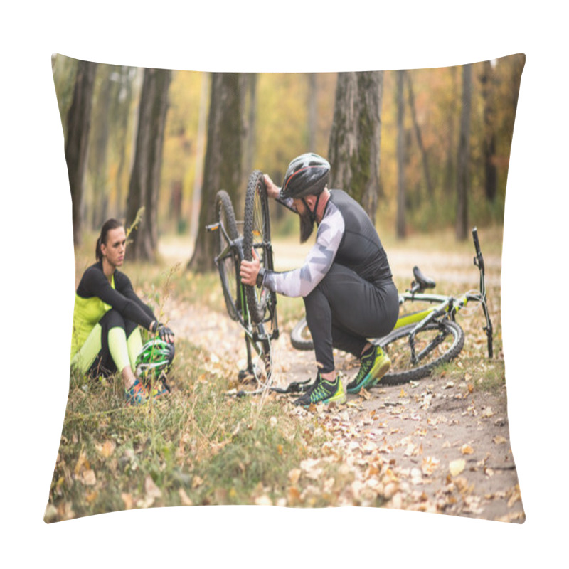 Personality  Man Repairing Bike In Park Pillow Covers