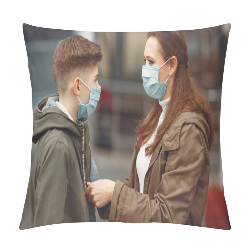 Personality  A Boy And Mother Are Wearing Protective Masks Pillow Covers