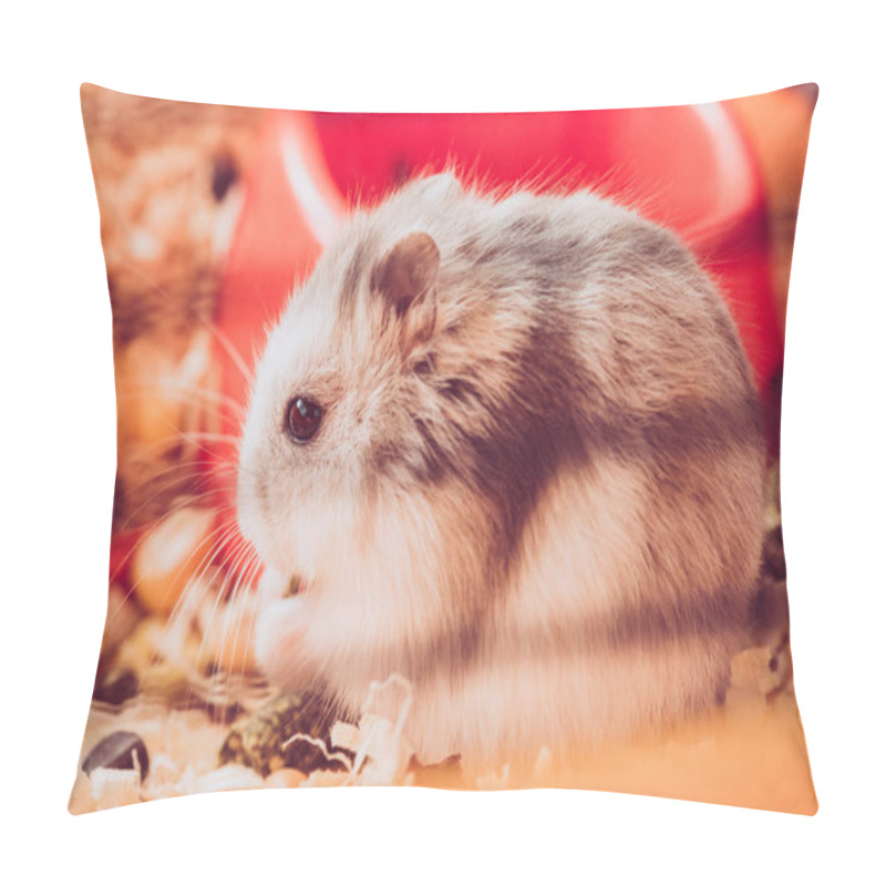 Personality  Selective Focus Of Adorable Fluffy Hamster Sitting In Wooden Filings  Pillow Covers