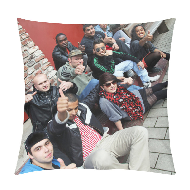 Personality  Ten Young Sit Together And Hold Up The Thumb. Pillow Covers