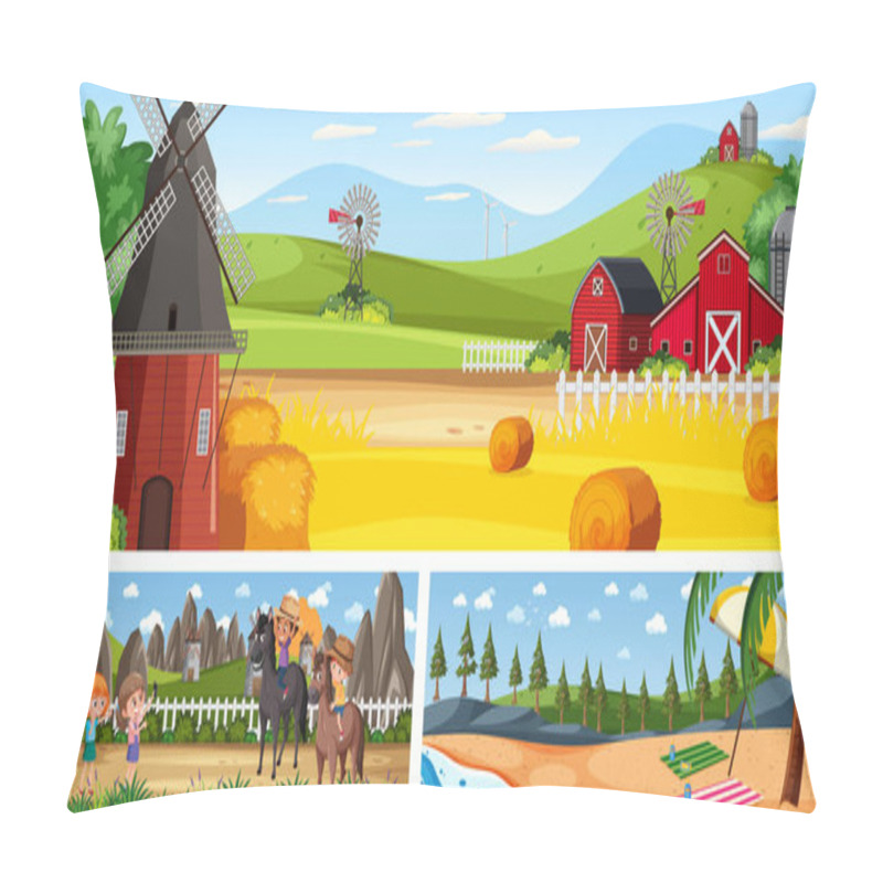 Personality  Outdoor Panoramic Landscape Scenes Set With Cartoon Character Illustration Pillow Covers