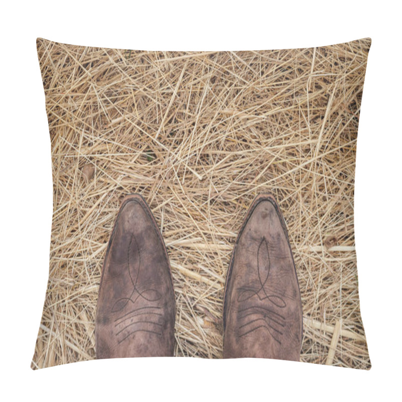 Personality  Standing In Cowboy Boots On Golden Hay. Old Worn Out Leather Boot. Directly Above Pillow Covers