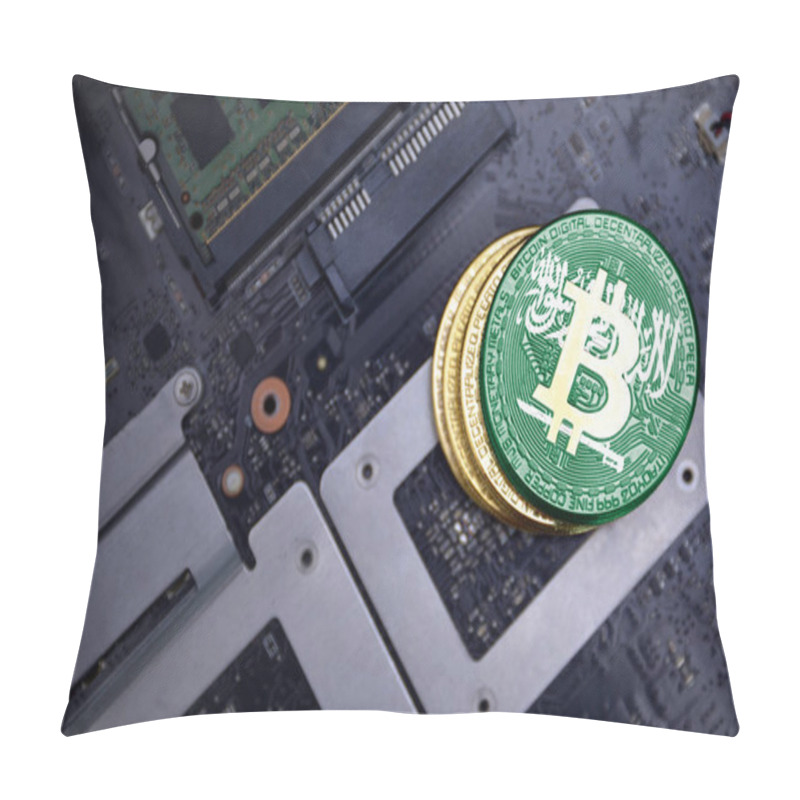 Personality  Golden Bitcoins With Flag Of Saudi Arabia On A Computer Electronic Circuit Board. Bitcoin Mining Concept. Pillow Covers