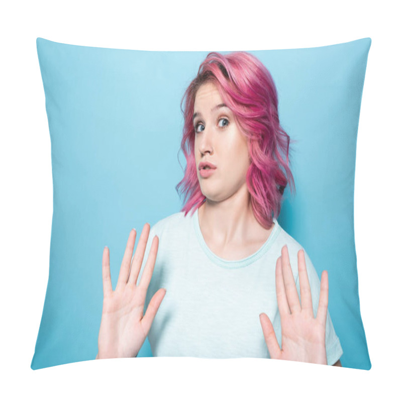 Personality  Young Woman With Pink Hair Showing No Gesture On Blue Background Pillow Covers