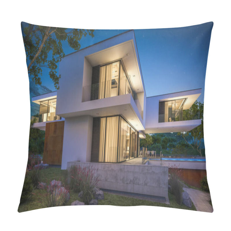 Personality  3d Rendering Of Modern House By The River At Night Pillow Covers