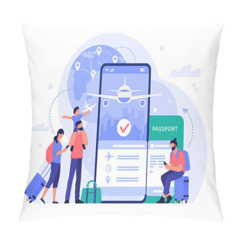 Personality  Air Travel Ticket Buying App. People Buying Tickets Online, Phone Booking Service For Tourism And Vacation, Travel Concept Vector Illustration. Flight Search Tool. Tourists Making Reservation Pillow Covers