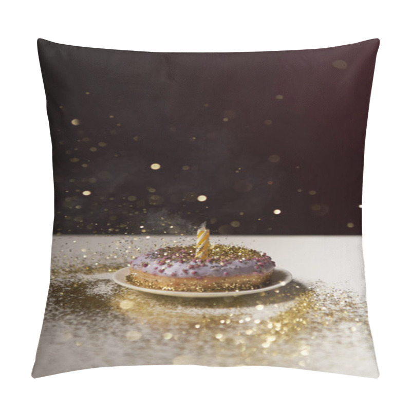 Personality  Candle In Middle Of Doughnut With Golden Shiny Sparkles Isolated On Black Pillow Covers