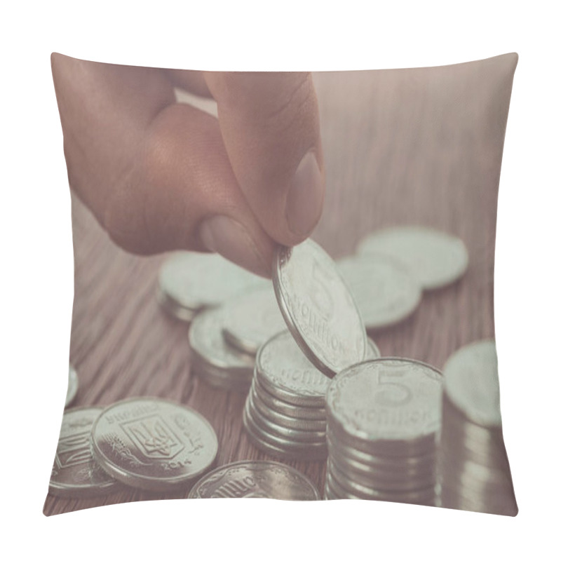 Personality  Cropped Image Of Man Stacking Ukrainian Coins On Wooden Table, Saving Concept  Pillow Covers