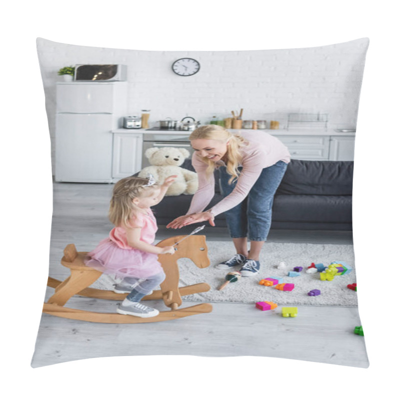 Personality  Happy Woman Giving Hands To Daughter Riding Rocking Horse In Costume Of Princess Pillow Covers