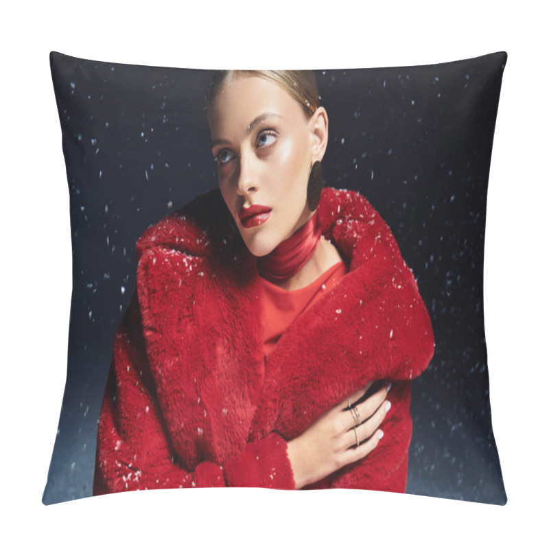 Personality  The Young Woman Embraces A Winter Atmosphere, Radiating Elegance And Beauty In Red. Pillow Covers