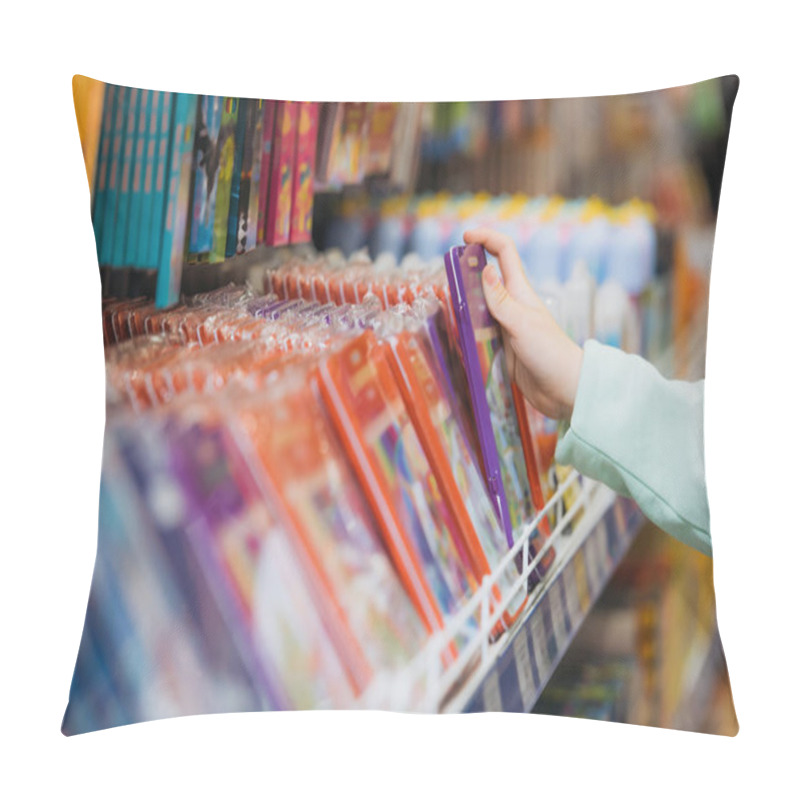 Personality  Cropped View Of Girl Taking Pencil Set From Blurred Rack In Stationery Shop Pillow Covers