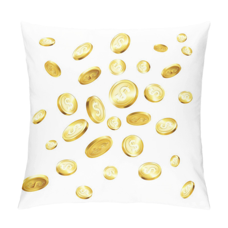 Personality  Falling Golden Coins. Money Rain. Big Win Casino And Jackpot. Success In Business And Finances. Shiny Metal Coins. Vector Pillow Covers