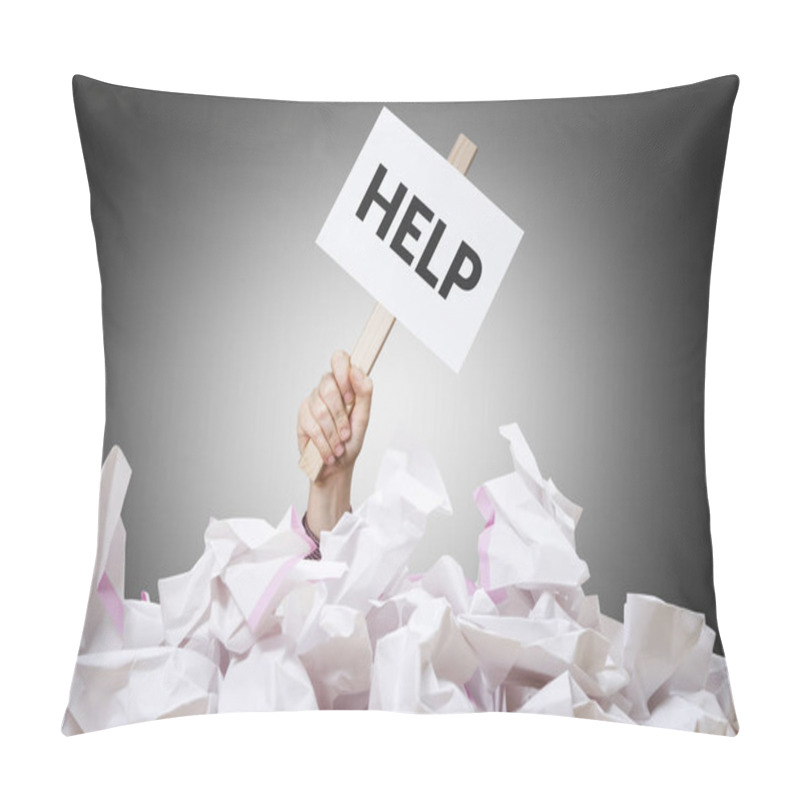 Personality  Help Placard In Hand With Crumpled Paper Pile.  Pillow Covers