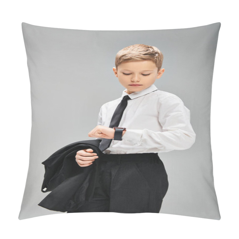 Personality  Adorable Preadolescent Boy In White Shirt And Black Tie On Gray Backdrop, Exuding Elegance. Pillow Covers