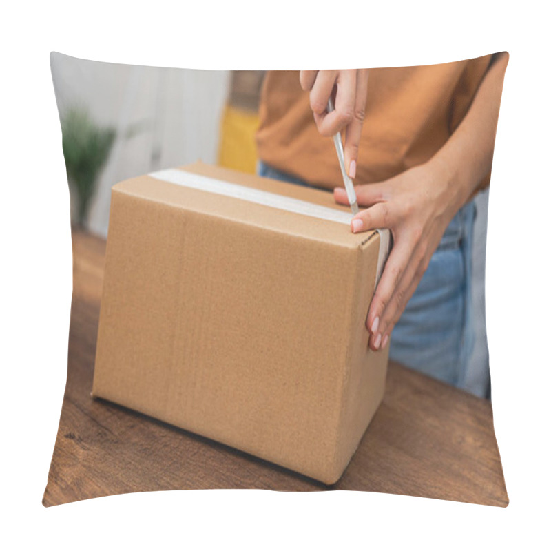 Personality  A Youthful Lady Deftly Wields A Utility Blade To Unveil A Home-delivered Treasure, Slicing Through The Cardboard Casing Of Her Online Shopping Package.  Pillow Covers