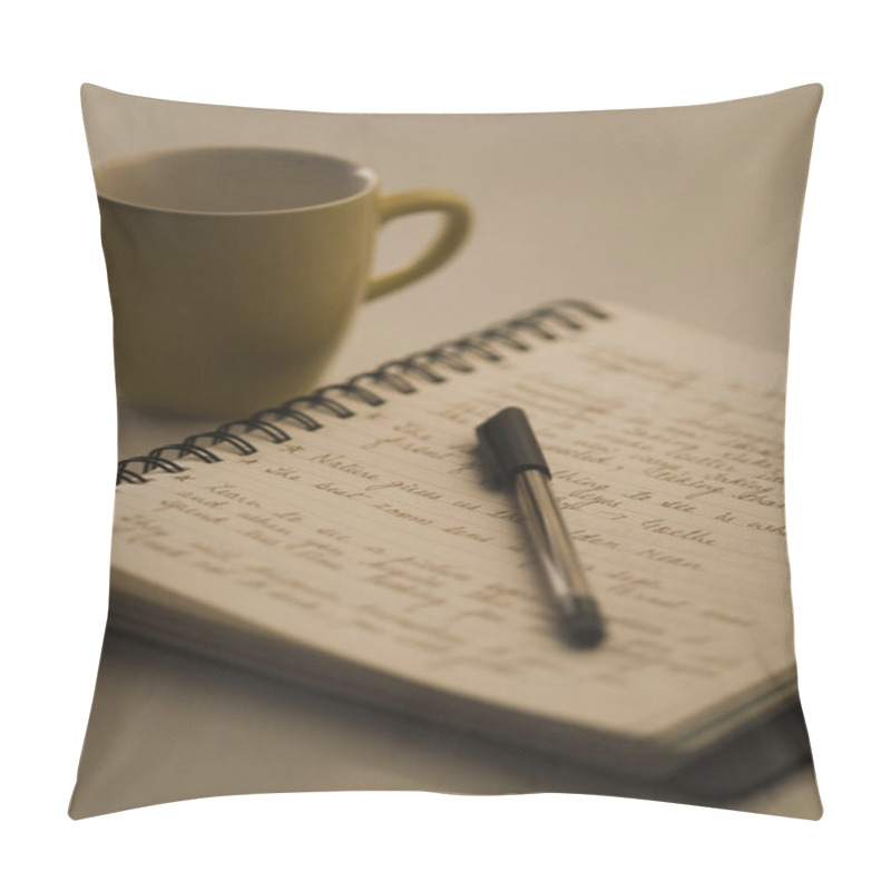 Personality  Pen On An Open Notebook And A Coffee Cup Pillow Covers