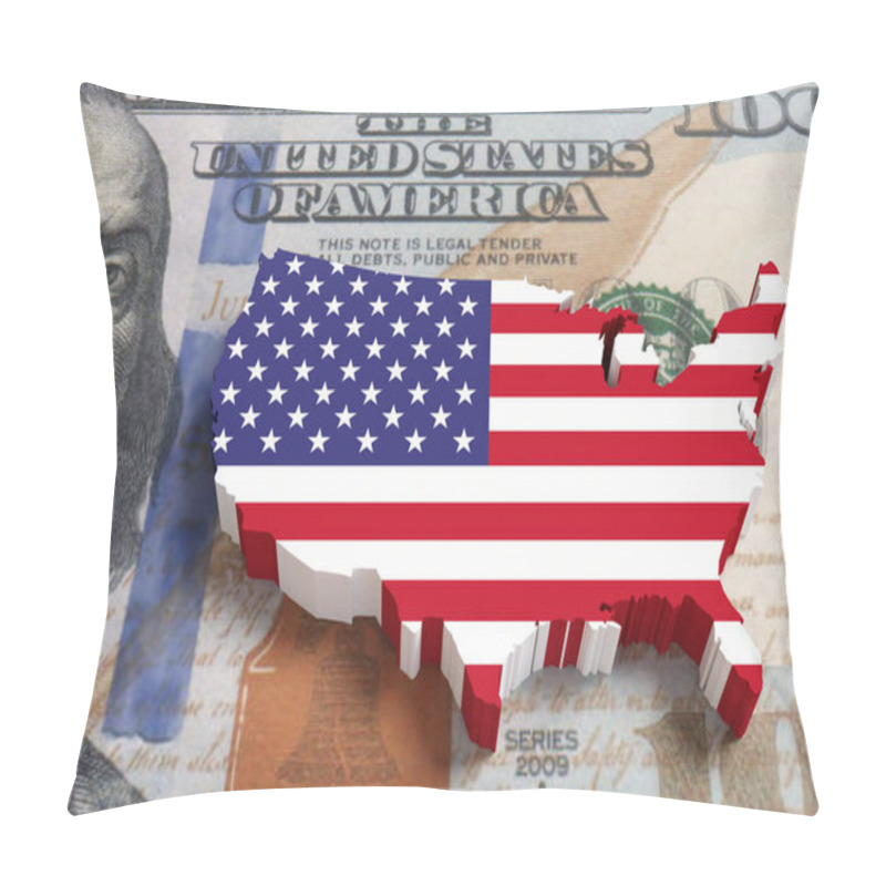 Personality  Toy Block Of USA Map On A US Dollar Banknote. Illustration Of The Concept Of United States (US) Monetary Policy And American Financial Crisis Pillow Covers