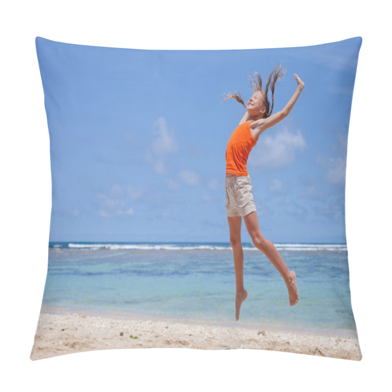 Personality  Flying Jumping Beach Girl At Blue Sea Shore In Summer Vacation I Pillow Covers