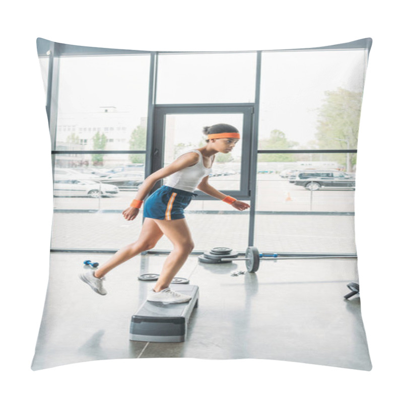 Personality  Young African American Sportswoman Doing Aerobics Step At Gym Pillow Covers